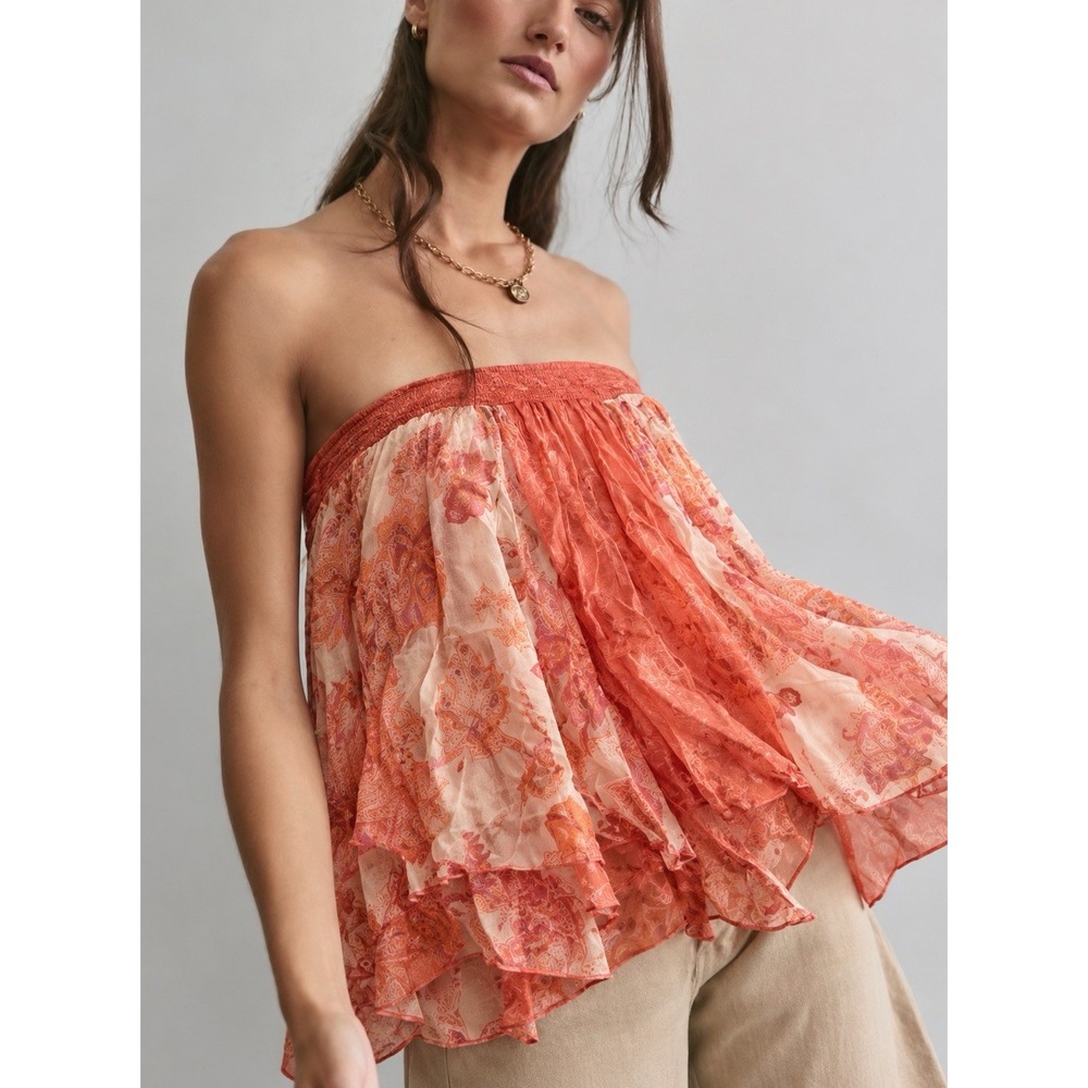 NWT Free People Cleo Mixed Print Tube Top M Peach Combi Boho Strapless $128